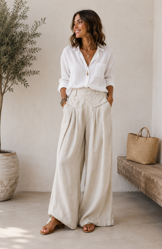 Alicia | Pantalones de mezcla de lino, de pierna ancha y cintura elástica